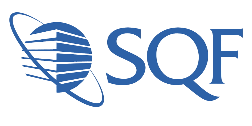 Logo of SQF with a blue and white design on a white background