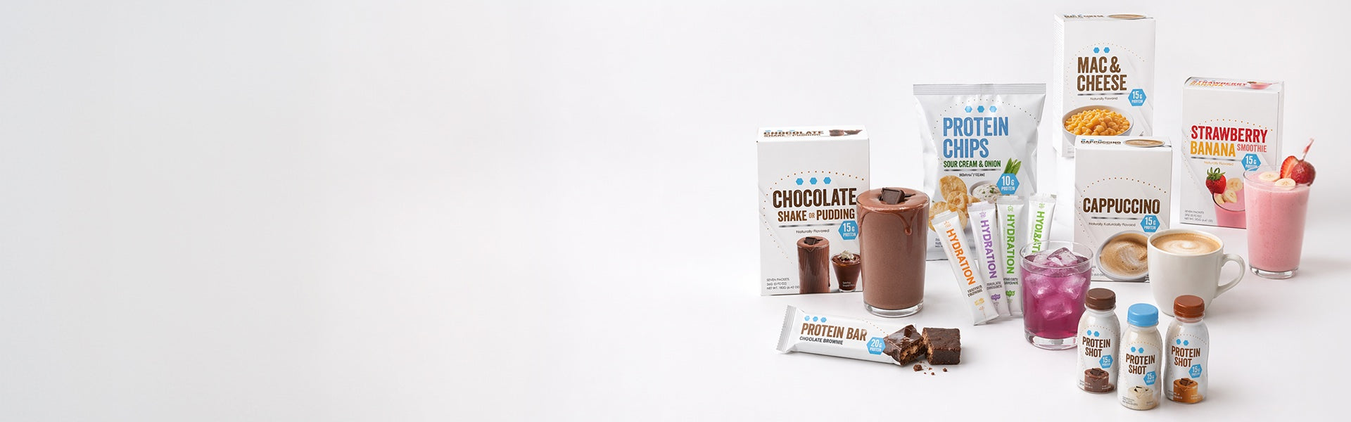 NRI full product range — shakes, bars, chips, hydration, shots, meals